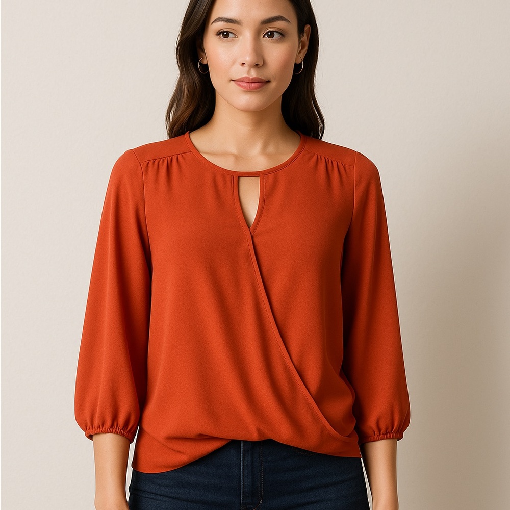 Vince Camuto Tulip Wrap Keyhole Blouse | Rust Orange | XS